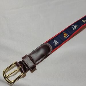 Vintage Preston Red Sailboat Ribbon Belt Leather Tab Brass Buckle Trad Preppy 32